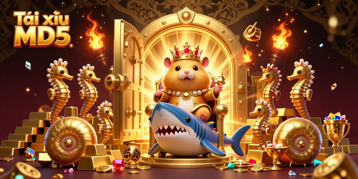 Tài xỉu MD5 shines as the golden hamster king reigns over a treasure-filled kingdom, embodying engaging online gambling.