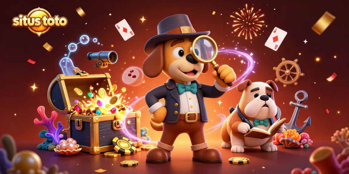 Engage in situs toto with a vibrant detective scene of a bloodhound examining treasure clues amidst casino elements.
