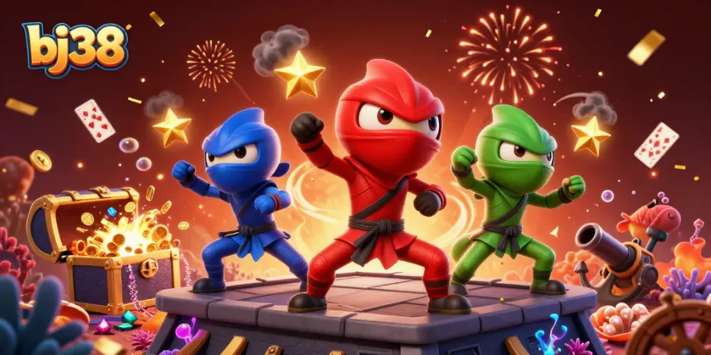 Engage with bj38's thrilling casino adventure while ninja chameleons showcase their skills among treasure.