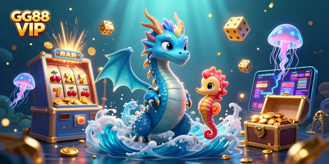 Play exciting games at GG88 VIP with dynamic visuals of slot machines, jackpot coins, and vibrant characters.