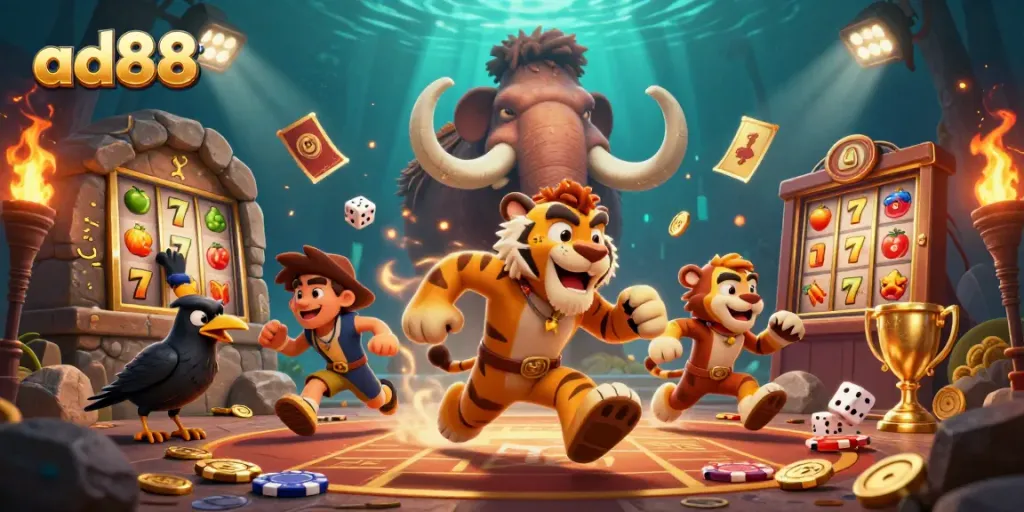 Experience the thrill of ad88 with a vibrant 3D casino scene featuring energetic characters and exciting slot elements.