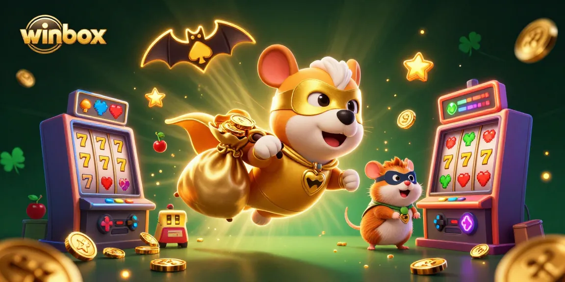 Experience thrilling wins with Winbox, featuring a superhero dog and hamster in a colorful casino adventure.