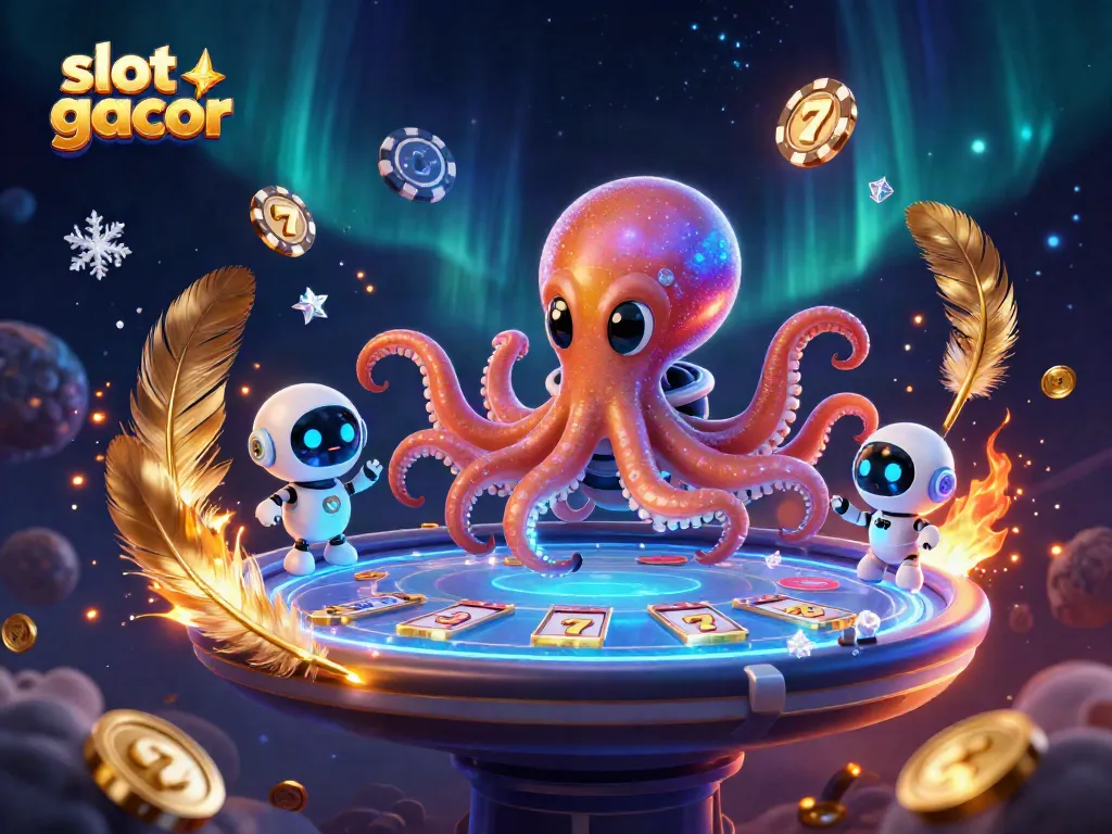Engage with slot gacor action featuring an alien octopus and robot at a poker table.