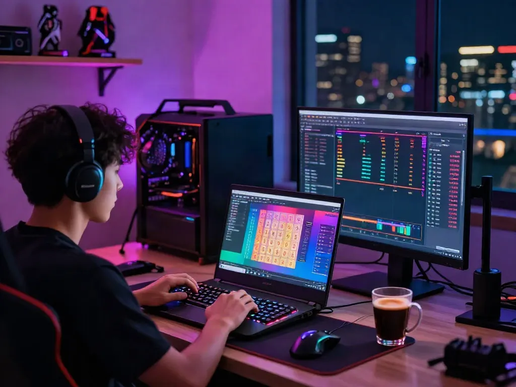 Engaged gamer analyzing togel online number trends in vibrant gaming setup