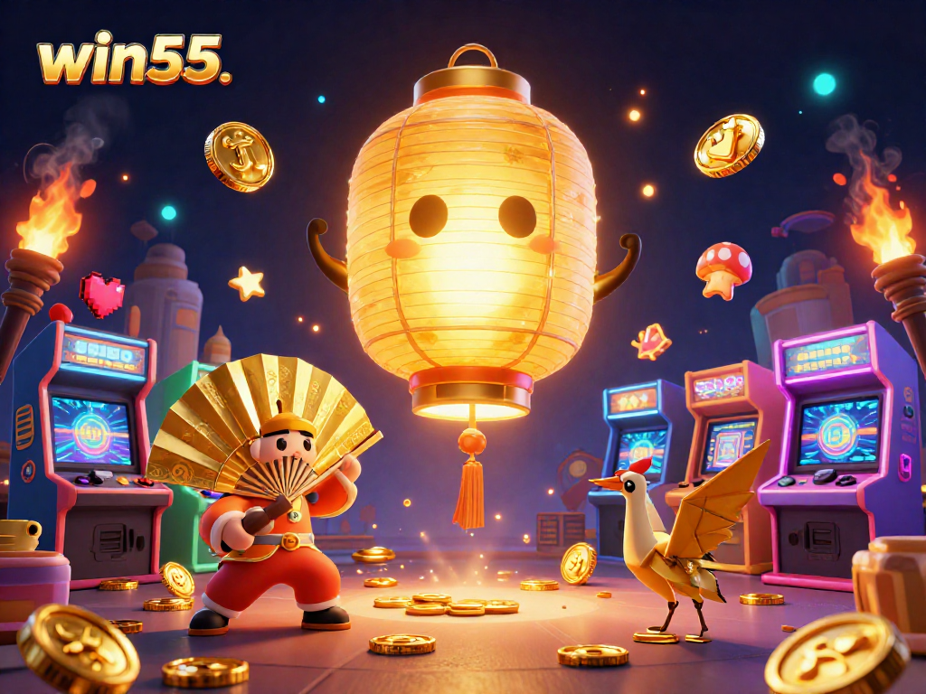 Experience thrilling gameplay with win55.'s vibrant 3D casino scene featuring arcade games and lucky symbols.