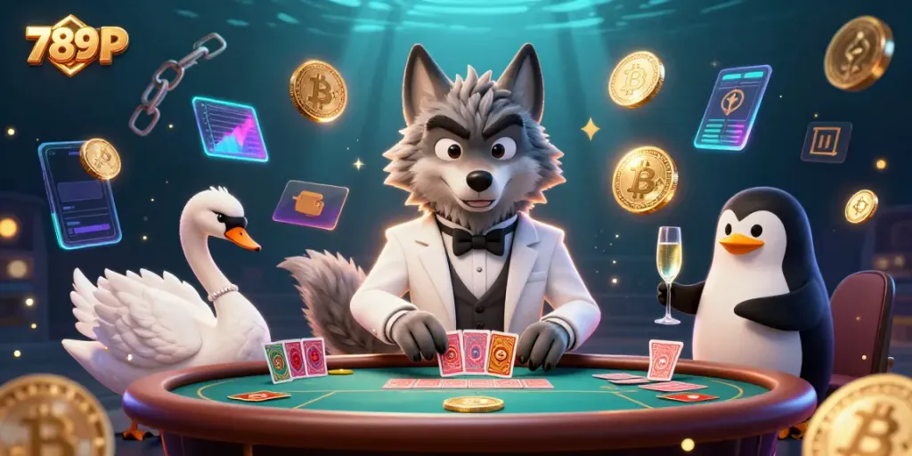 Experience the excitement of 789 P with a wolf, swan, and penguin at a vibrant baccarat table