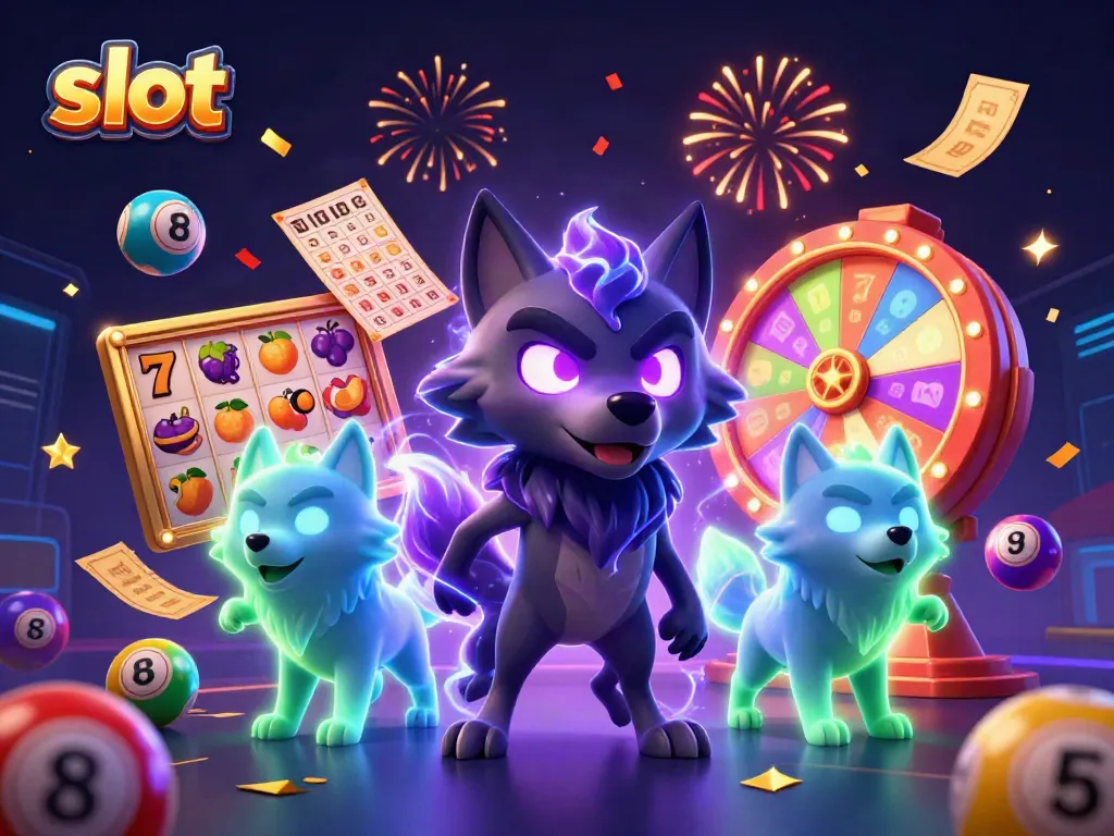 Experience thrilling slot action with 3D wolves, vibrant reels, and dynamic game elements.