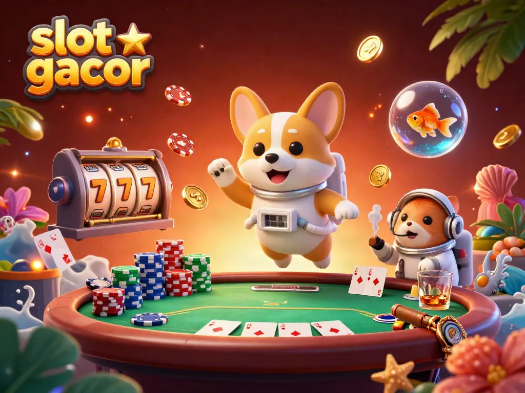 Experience the excitement of slot gacor with a vibrant casino scene featuring an astronaut corgi in zero gravity.