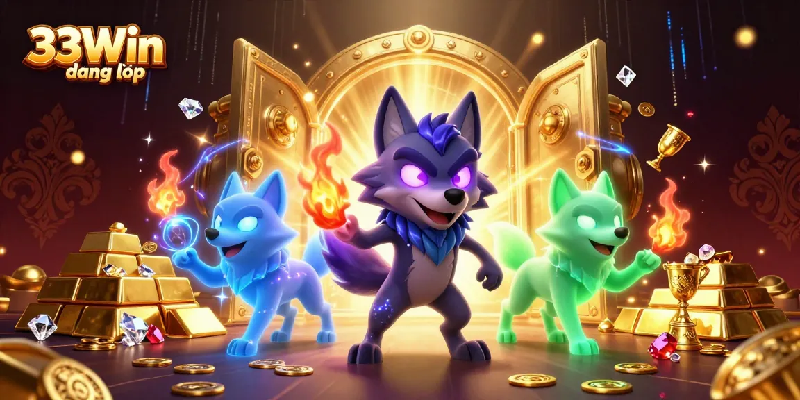 Play and win at 33Win đăng nhập with vibrant characters and gold treasures in a thrilling casino setting!