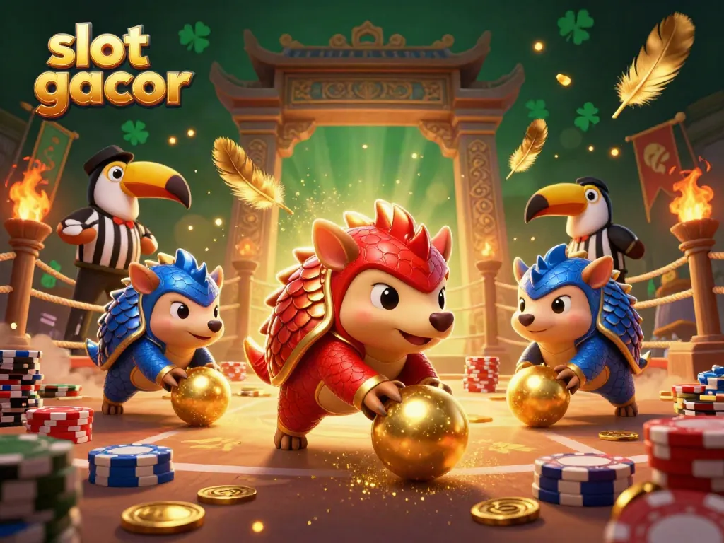 Experience the excitement of slot gacor with dynamic pangolin characters bowling through stacks of poker chips.