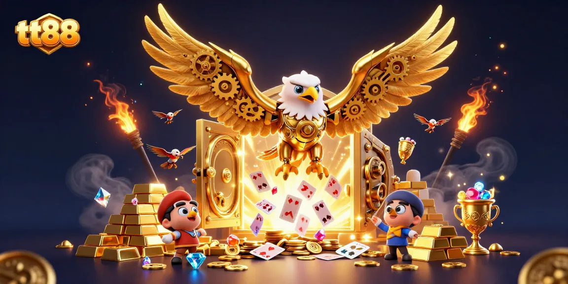 Experience the thrill of tt88 casino with a golden eagle soaring over shimmering treasures and cards.