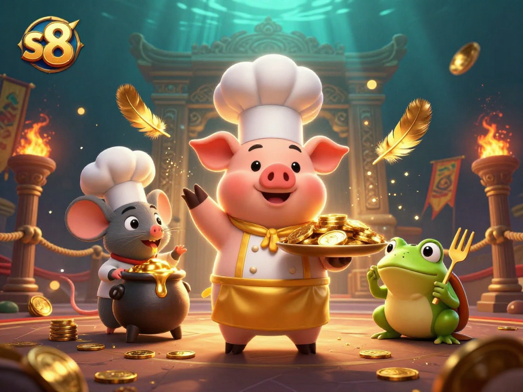 Bet on s8 with golden coins and lively casino elements in a vibrant 3D scene.
