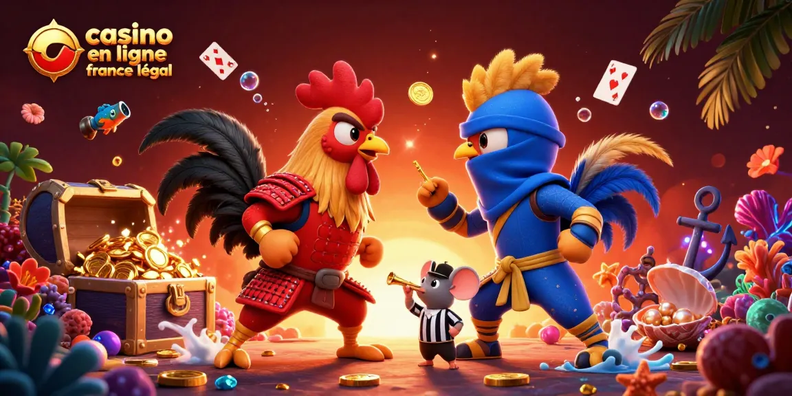 Illustration dynamique de casino en ligne France légal, combats de coqs en 3D avec des éléments de jeu