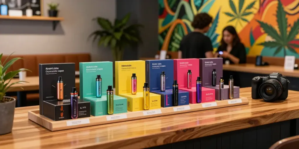 Alien Labs Disposable vapes displayed in a modern cannabis shop with a vibrant atmosphere.