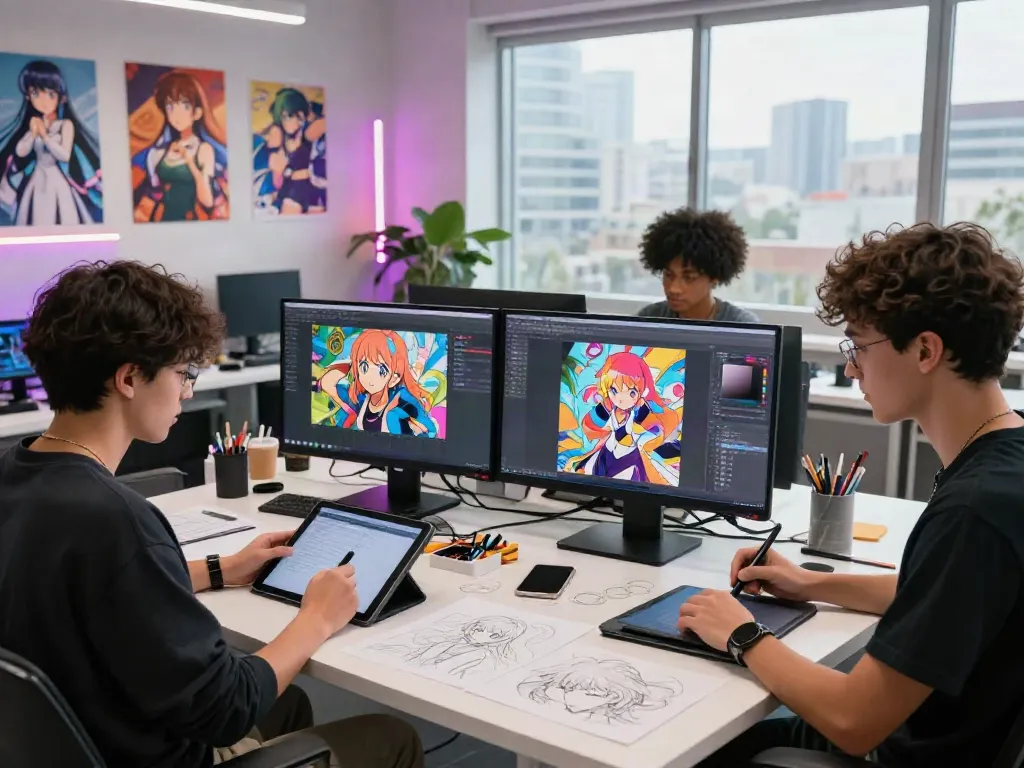 A digital art studio scene illustrating artists engaged in hentai ai chat character creation, showcasing vibrant designs and an inspiring workspace.