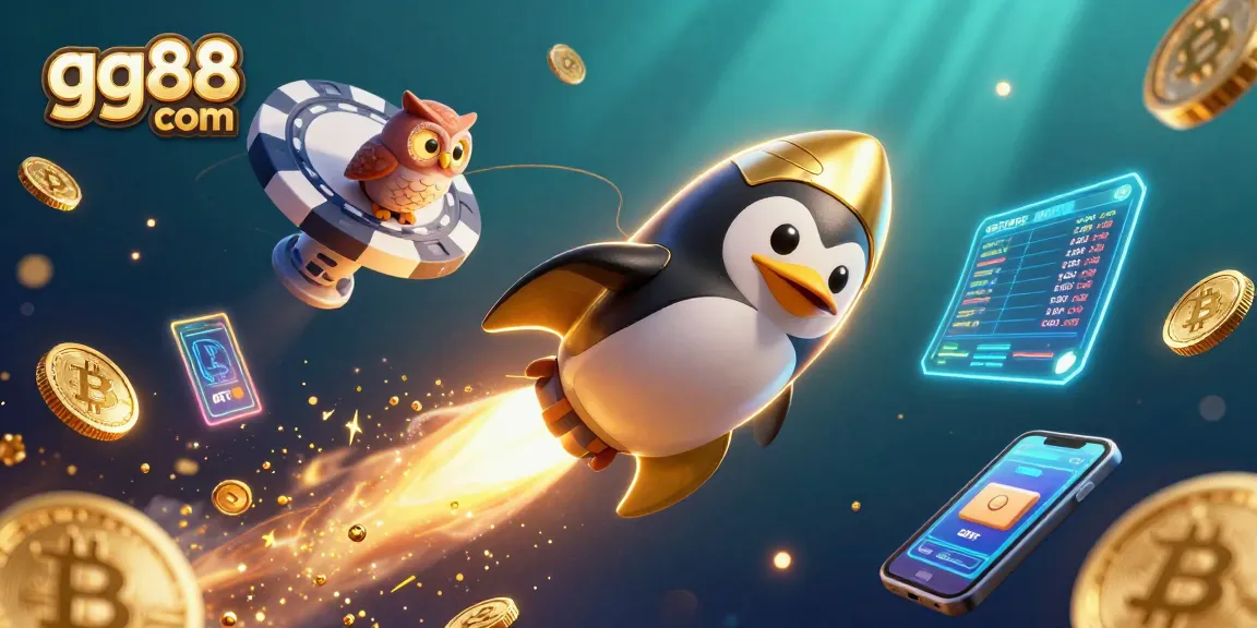 Bet big with gg88 com as a golden penguin soars towards a massive poker chip casino.