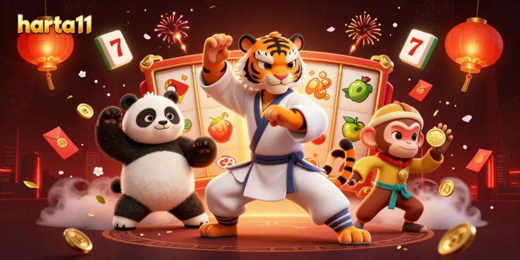 Play harta11 with a kung fu tiger, panda, and mischievous monkey in an exciting casino scene.