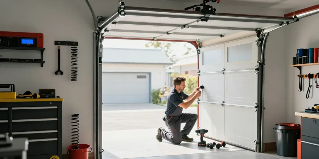 Technician troubleshooting garage door not closing, showcasing tools and repair elements.