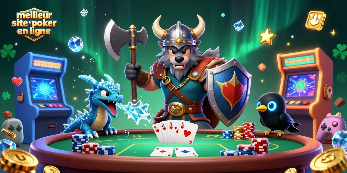 Une illustration riche présentant le meilleur site de poker en ligne avec un guerrier viking et des éléments de casino.