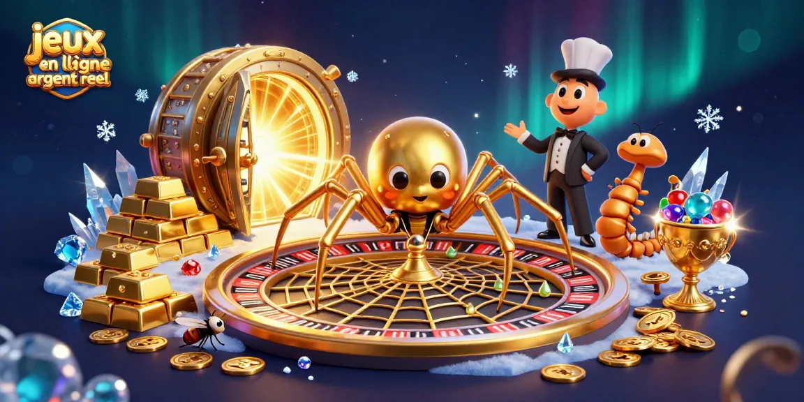 Plongez dans l'univers des jeux casino en ligne argent réel avec une araignée dorée et un croupier centipède.