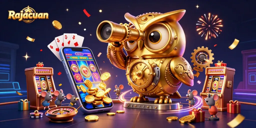 Rajacuan casino scene with a golden owl and slot games showcasing excitement and dynamic winning opportunities