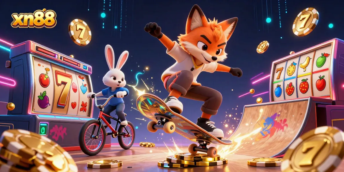 Players enjoy thrilling games at xn88, where golden slot symbols and vibrant characters create an exciting online casino atmosphere.