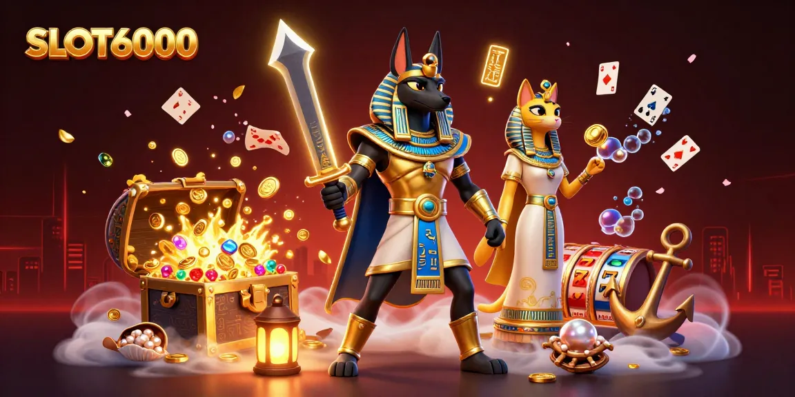 SLOT6000 spins the reels in a vibrant casino scene with Anubis and Bastet amidst treasures.