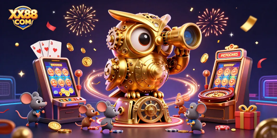 Engage in thrilling games at XX88 COM, featuring a vibrant 3D casino scene with an owl and exciting elements.