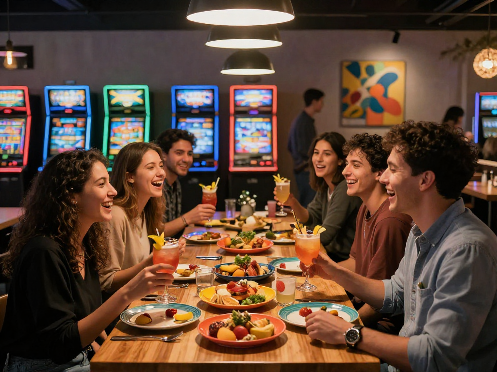 Friends enjoying gourmet food at a restaurant with slot machine décor.