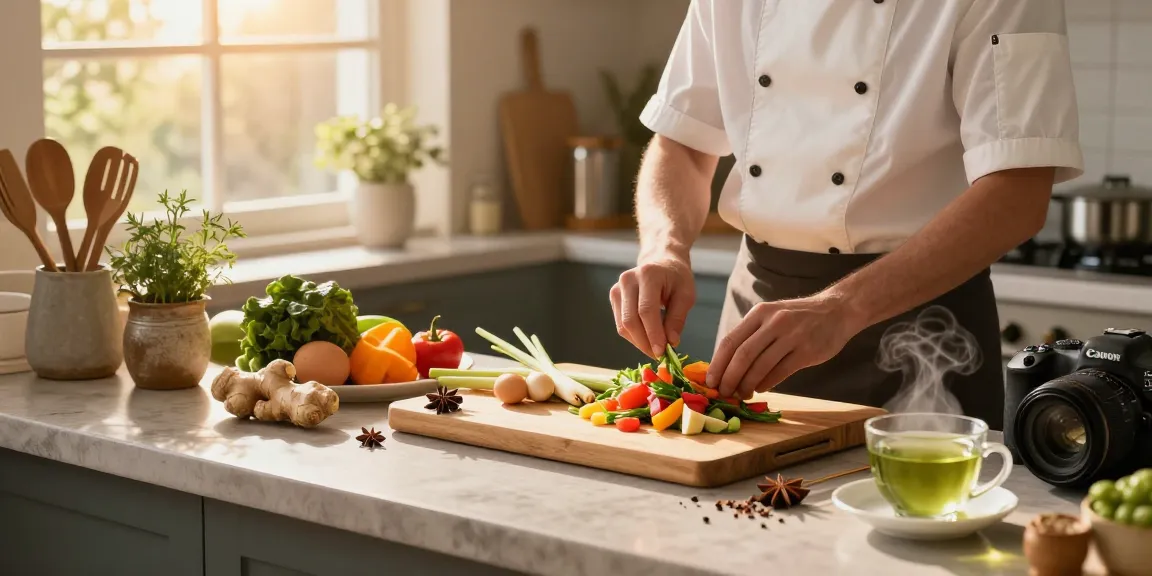 Cooking vibrant dishes with fresh ingredients like ginger and lemongrass in a cozy kitchen, emphasizing the keyword สล็อต.
