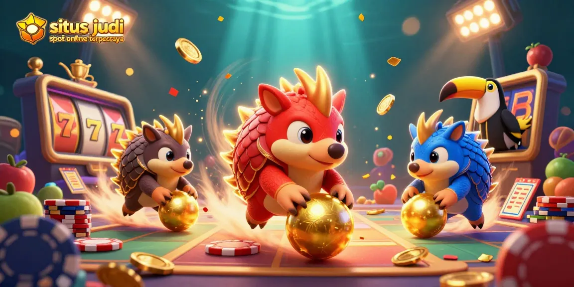 Engage with the situs judi slot online terpercaya in an exciting 3D illustration showcasing dynamic pangolins, slot machines, and vibrant casino elements.