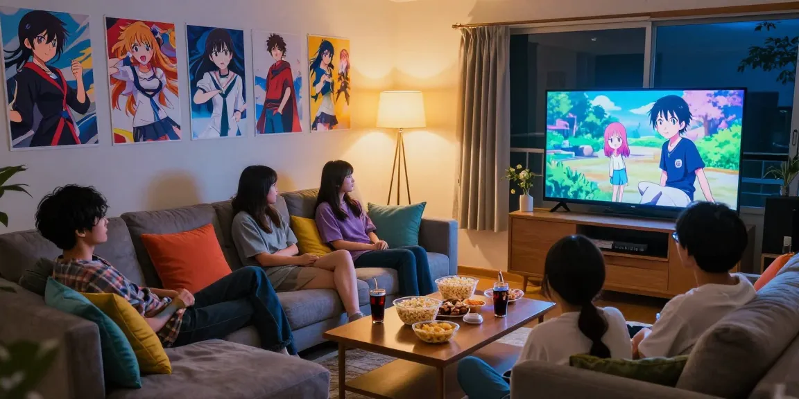 Friends enjoying Animehay in a cozy living room with snacks and warm lighting.