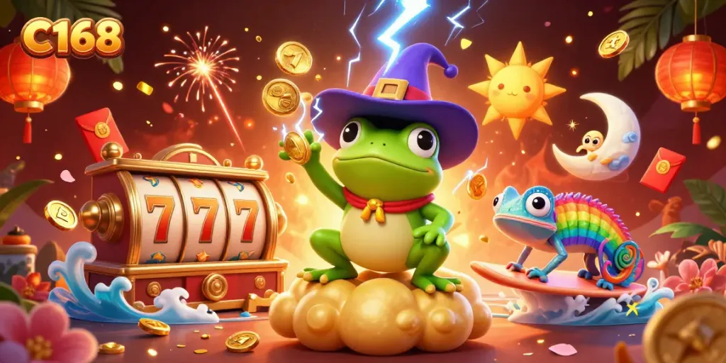 C168 unleashes a vibrant casino scene with golden coin storms and surfing luck amidst colorful game elements.